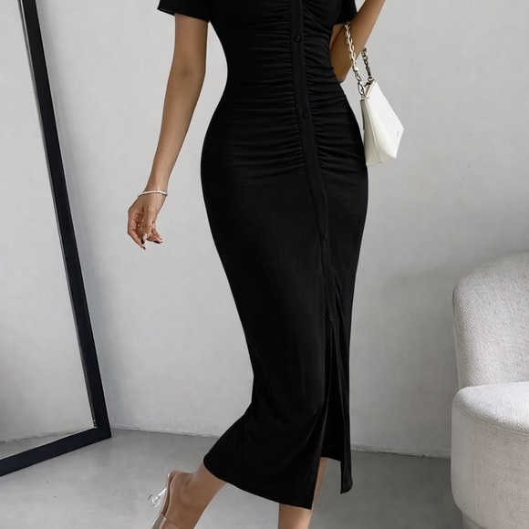 Dresses & Skirts - Black Ruched Semi-Sheer Button-Front Midi Dress -‎ Women's